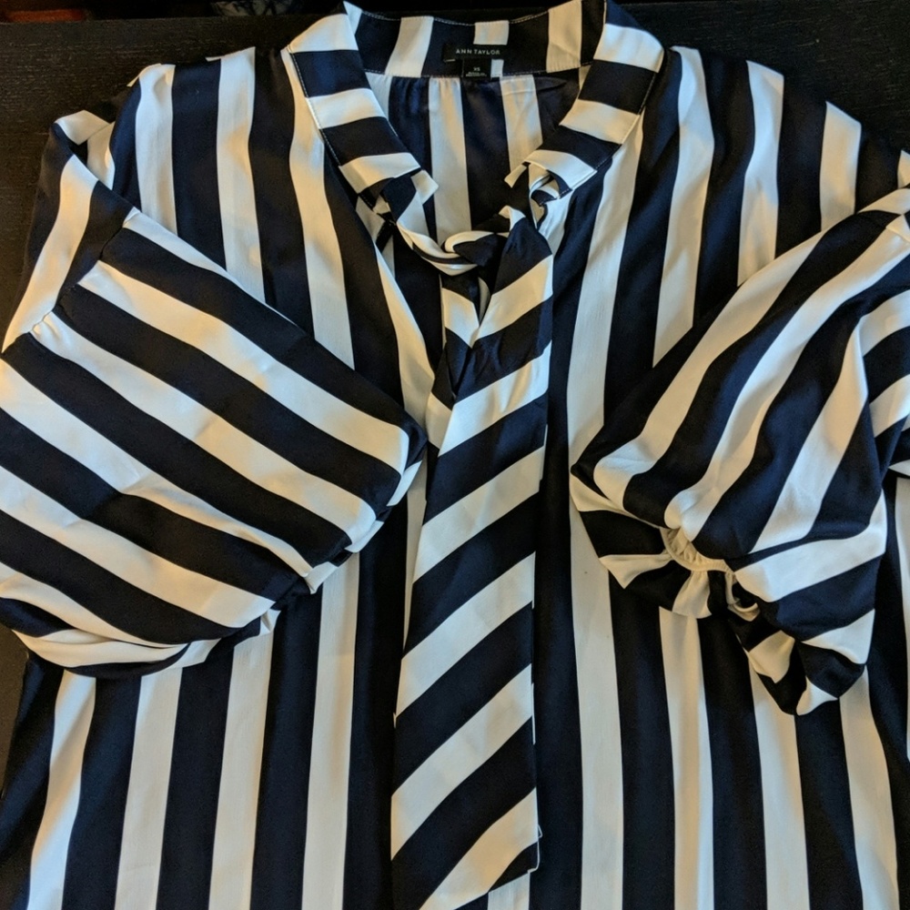 Stripe Tie Neck Puff Sleeve Blouse